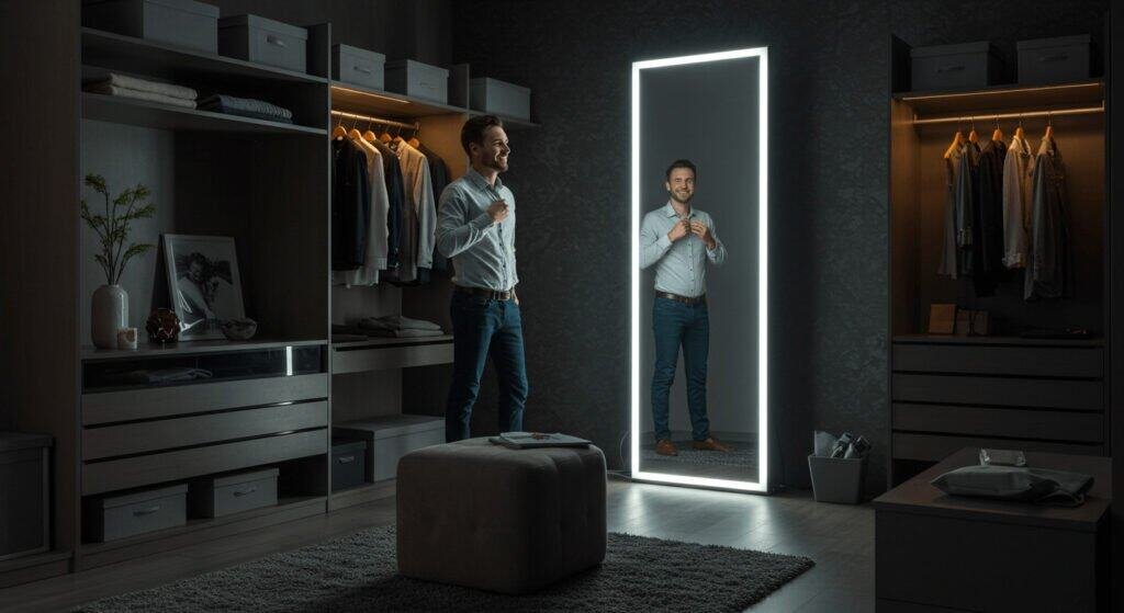 A modern walk-in closet bathed in soft ambient lighting, featuring a bright LED full-length mirror. A cheerful woman is trying on clothes, admiring her reflection with a joyful smile. The warm glow from the mirror highlights her contentment and self-appreciation. Luxurious and stylish decor surrounds the scene, with sleek, contemporary elements adding a sense of sophistication. The composition uses diagonal angles to create a harmonious balance, while the light and shadow effect emphasizes the welcoming and satisfying atmosphere. Soft and warm tones enhance the overall sense of modern luxury and emotional warmth.